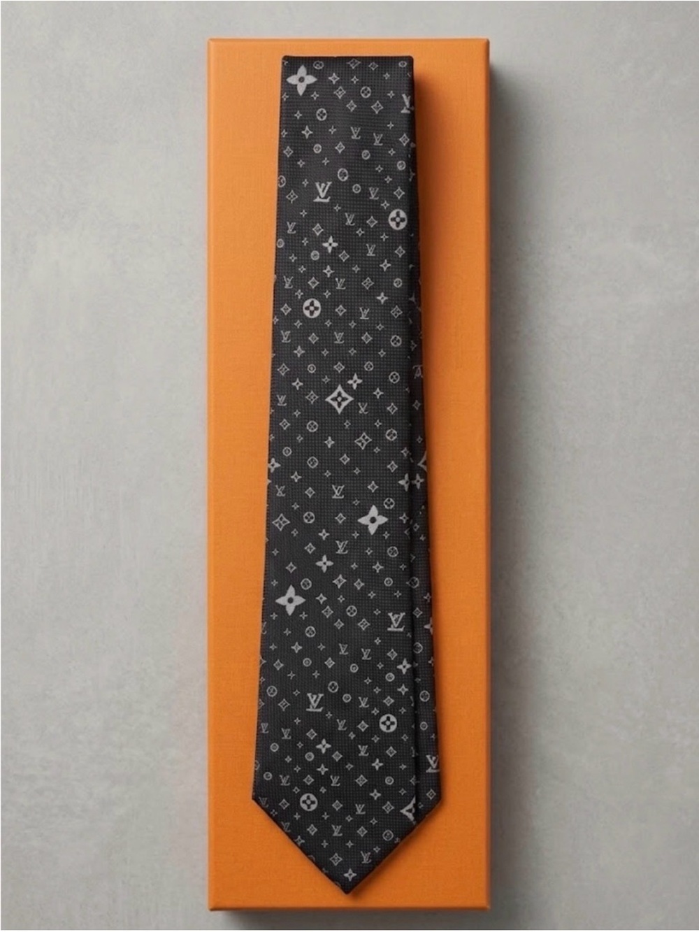 Source Unknown Black Tie with Silver Monogram Pattern
